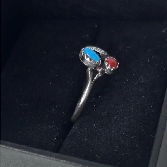 💎 NEW  Turquoise & Coral Sterling Silver Ring 💎 SIZE 8 - Picture 4 of 4